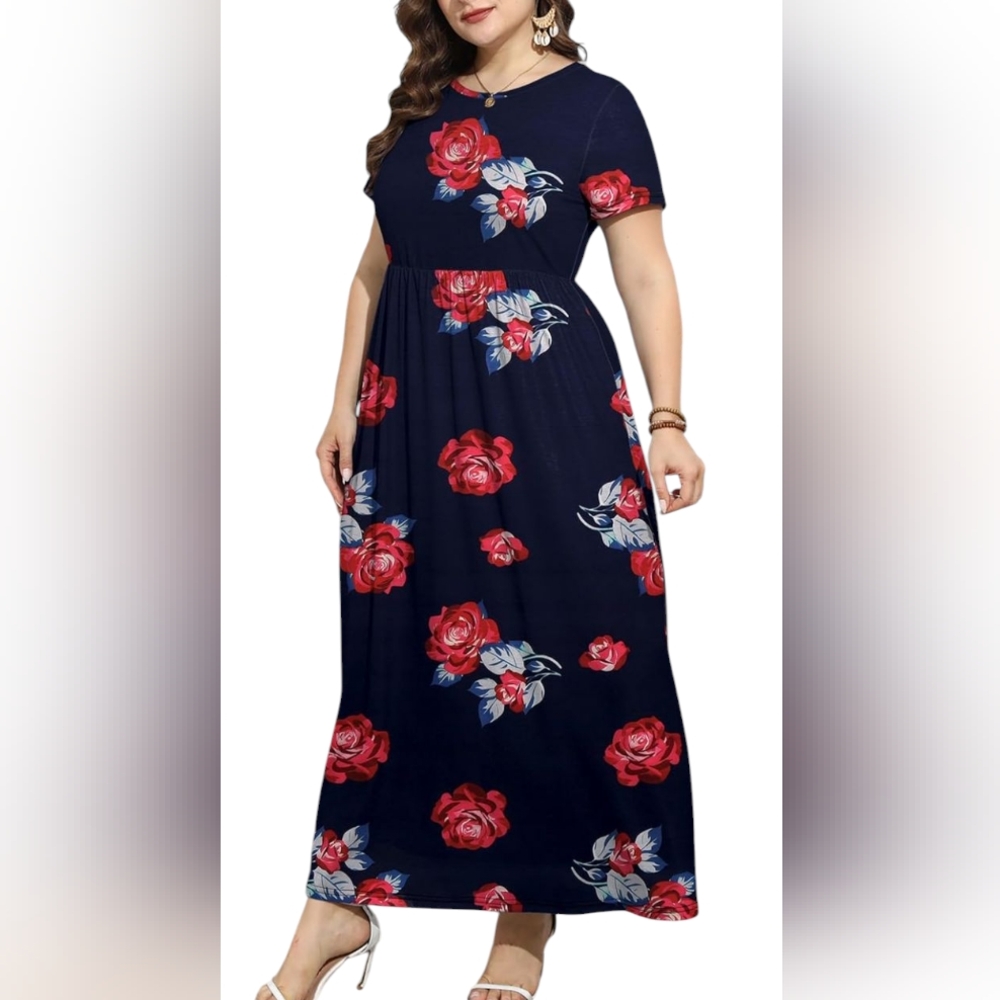 🆕 Women's PLUS SIZE Navy & Floral Print Maxi Dress With Pockets